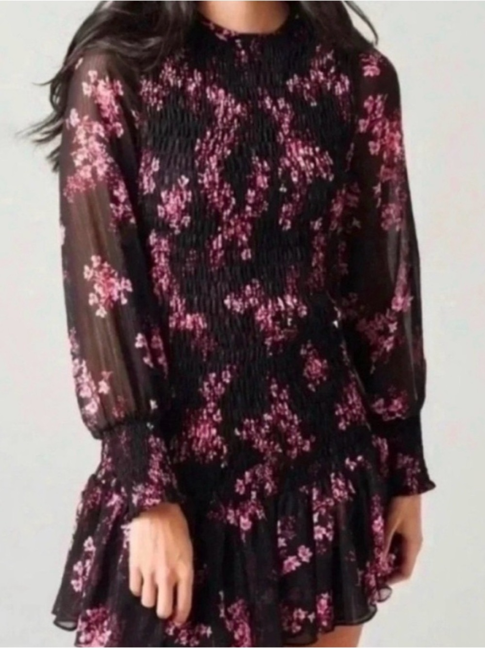 Misa Los Angeles Black Floral Long Sleeve Smocked Mini Dress with Pink Blossoms